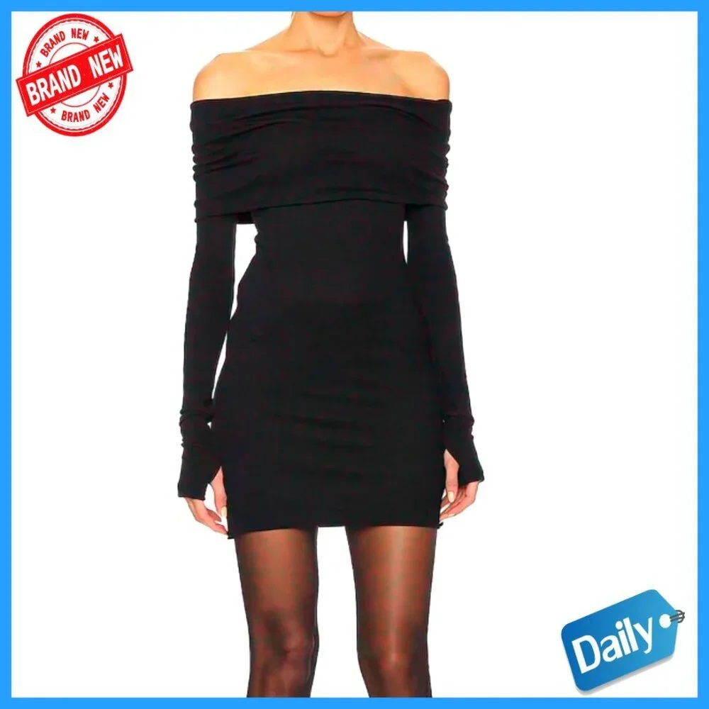 Off Shoulder Long Sleeve Bodycon Mini Dress Ribbed Knit Club Party